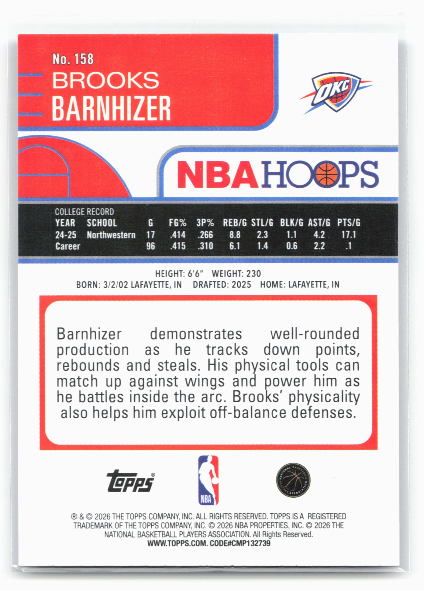 2025-26 Hoops #158 Brooks Barnhizer Light Burst Blue #/149