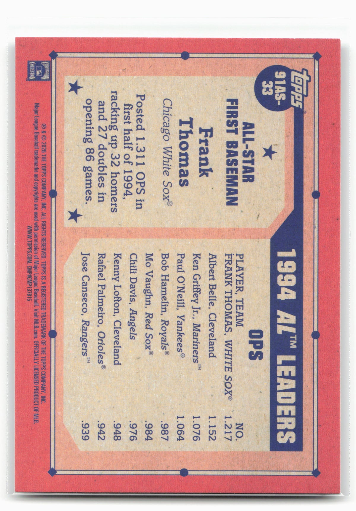 2026 Topps #91AS-33 Frank Thomas 1991 Topps Baseball 35th Anniversary