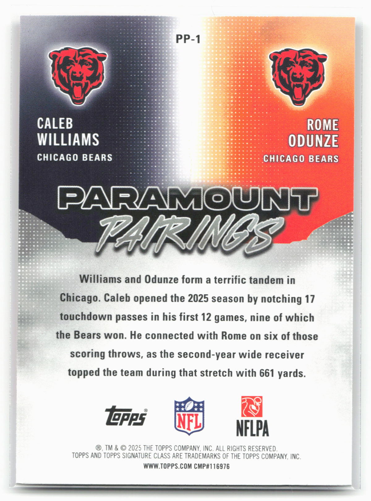 2025 Topps Signature Class #PP-1 Caleb Williams / Rome Odunze Paramount Pairings