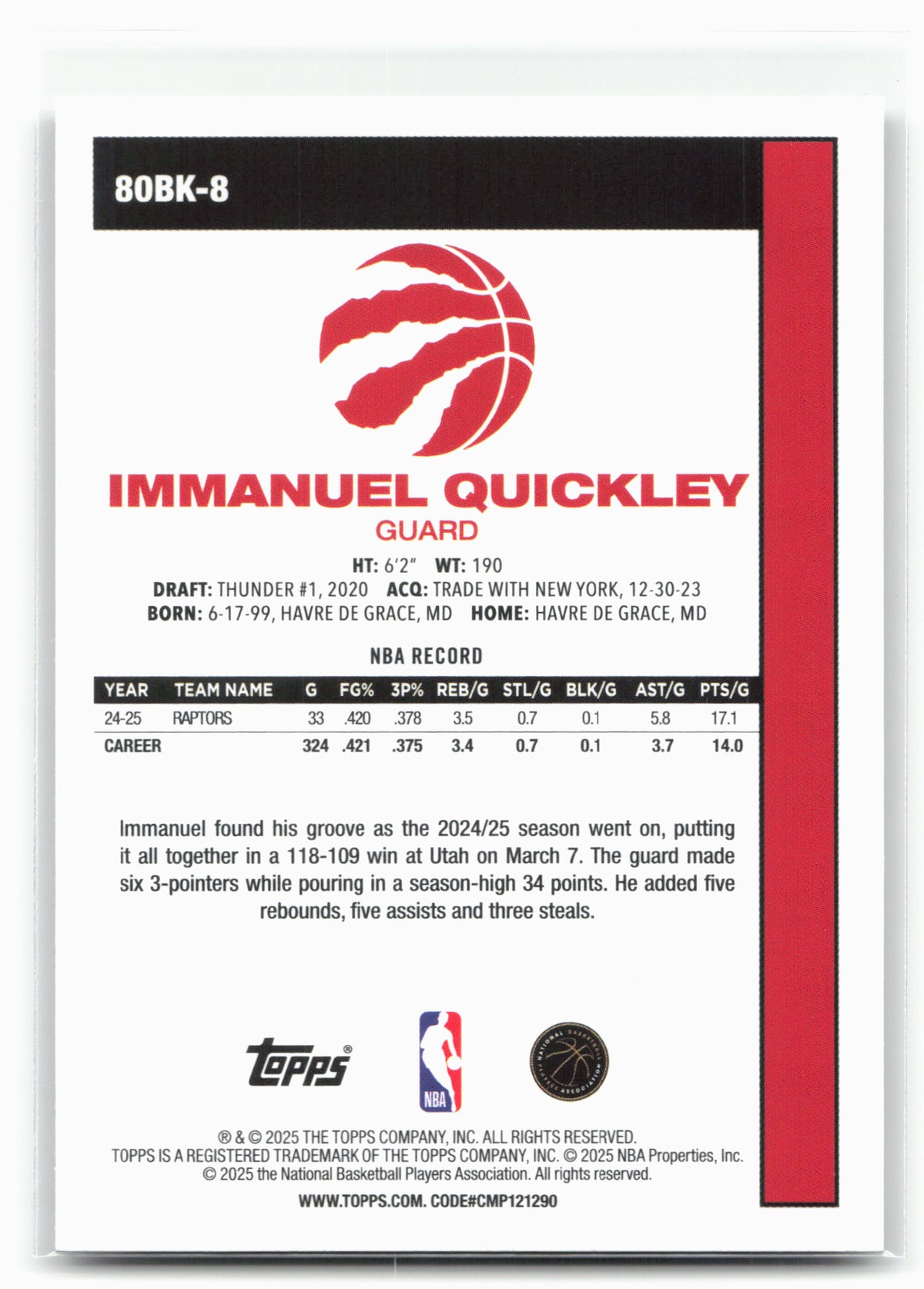 2025-26 Topps #80BK-8 Immanuel Quickley 1980-81 Topps Basketball 30277