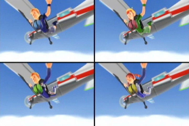Family Party: Fitness Fun | Nintendo Wii | actual gameplay screenshot | four-player split-screen skydiving minigame