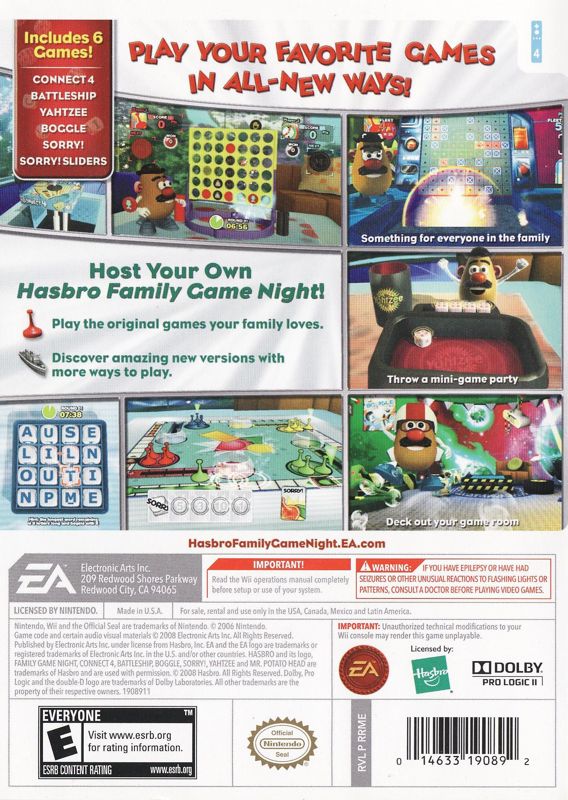 Hasbro Family Game Night | Wii | back cover | region=North America | source-country=United States | zypher-v2 | moby-2f8d57767e20 | Data by MobyGames.com