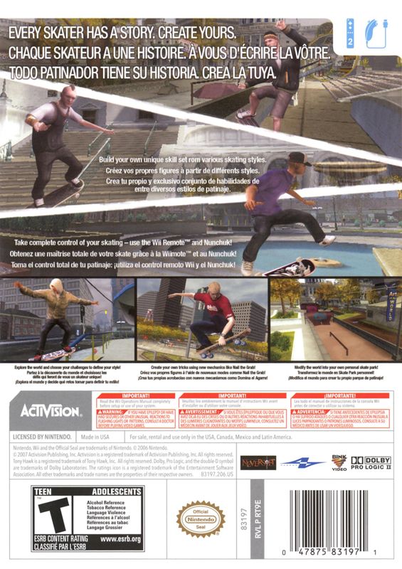 Tony Hawk's Proving Ground | Wii | back cover | region=North America | source-country=Canada,Mexico,United States | zypher-v2 | moby-69a934c70e56 | Data by MobyGames.com