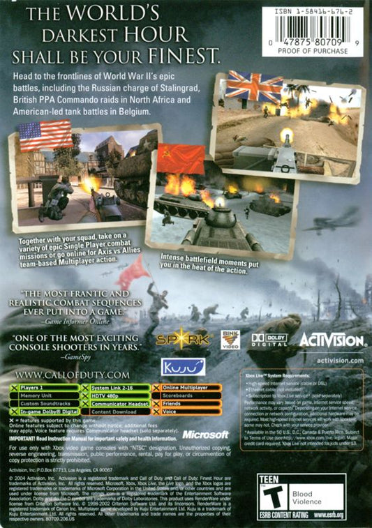 Call of Duty: Finest Hour | Xbox | back cover | Data by MobyGames.com