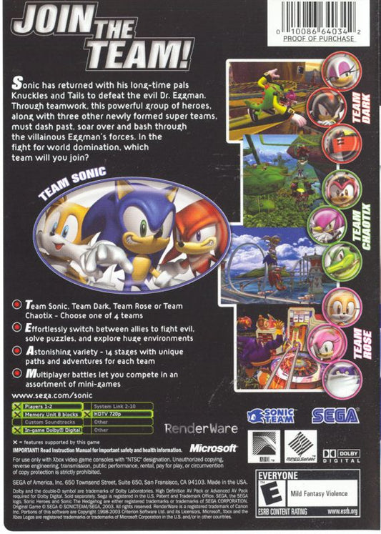 Sonic Heroes | Xbox | back cover | Data by MobyGames.com