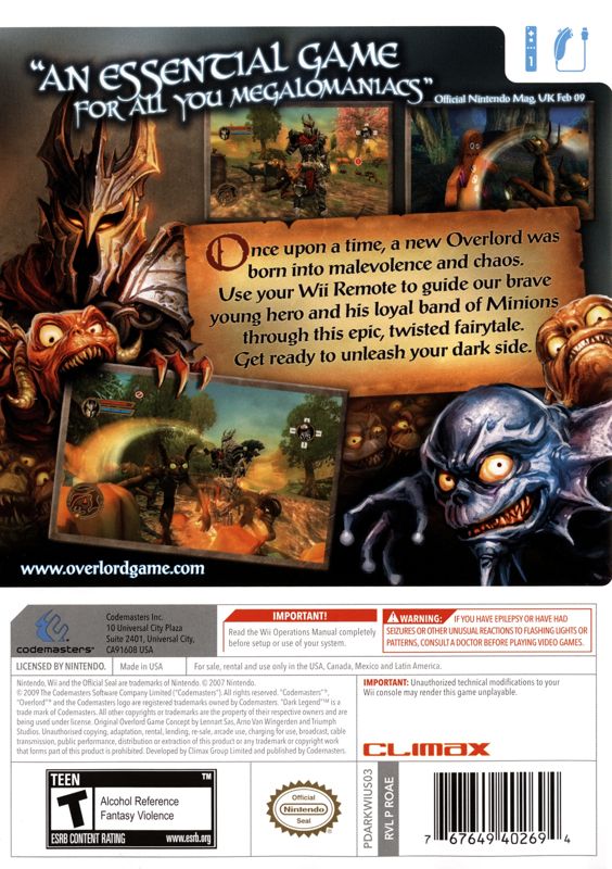 Overlord: Dark Legend | Wii | back cover | region=North America | source-country=Canada,Mexico,United States | zypher-v2 | moby-aa0c9b2ff292 | Data by MobyGames.com