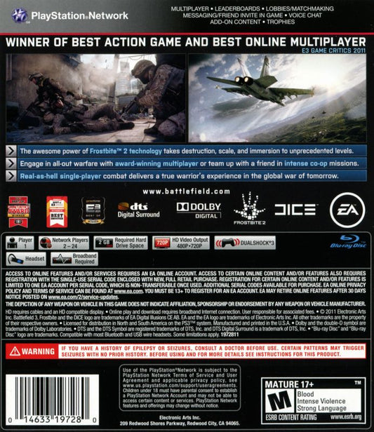Battlefield 3 | PlayStation 3 | back cover | Data by MobyGames.com
