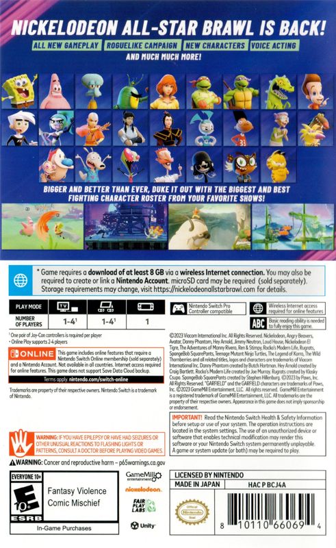 Nickelodeon All-Star Brawl 2 | Nintendo Switch | back cover | region=North America | source-country=United States | zypher-v2 | moby-28733bffac09 | Data by MobyGames.com