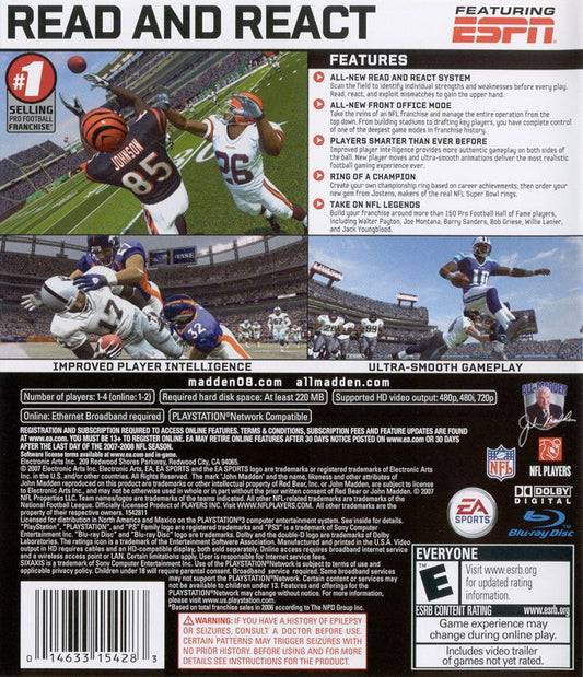 Madden NFL 08 | PlayStation 3 | back cover | Data by MobyGames.com