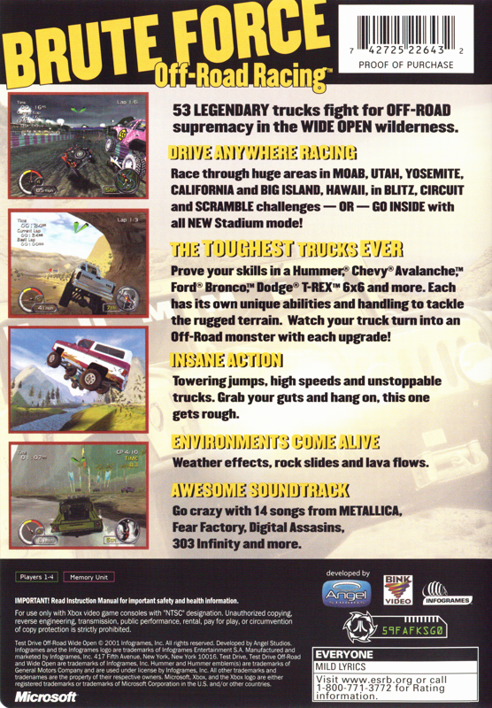 Test Drive: Off-Road - Wide Open | Xbox | back cover | region=North America | source-country=United States | zypher-v2 | moby-4ec6e4740194 | Data by MobyGames.com