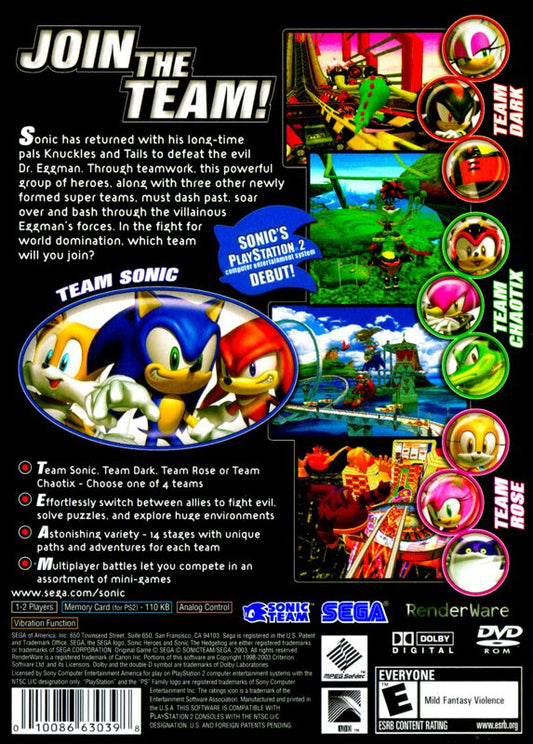 Sonic Heroes | PlayStation 2 | back cover | Data by MobyGames.com