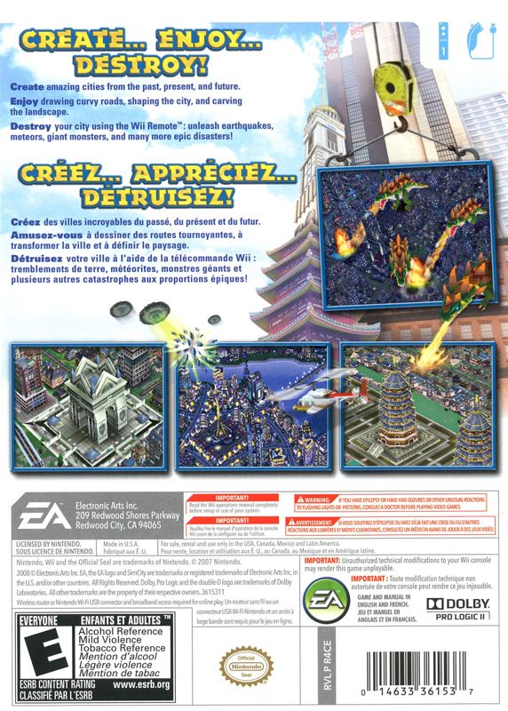 SimCity Creator | Wii | back cover | region=North America | source-country=Canada,Mexico,United States | zypher-v2 | moby-8504018a555f | Data by MobyGames.com