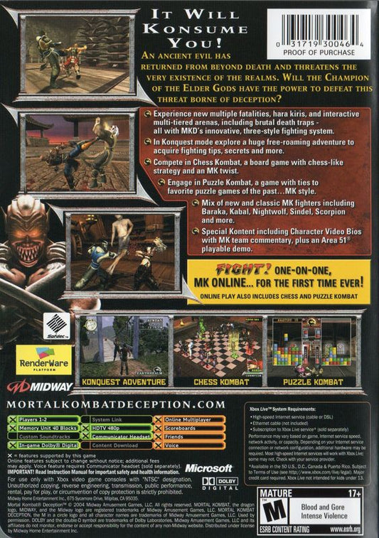 Mortal Kombat: Deception | Xbox | back cover | Data by MobyGames.com