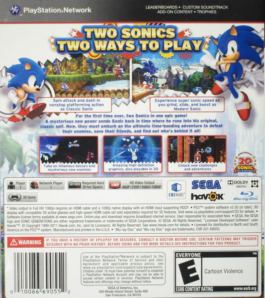 Sonic Generations | PlayStation 3 | back cover | Data by MobyGames.com