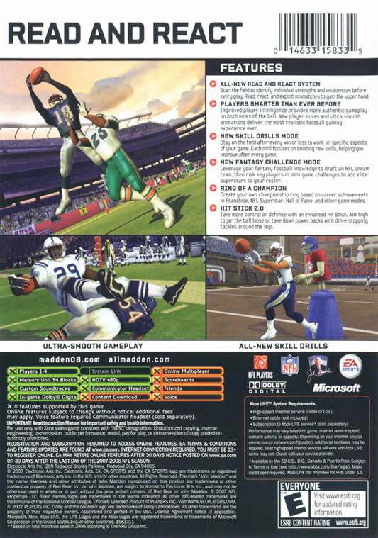 Madden NFL 08 | Xbox | back cover | Data by MobyGames.com