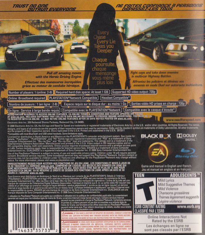Need for Speed: Undercover | PlayStation 3 | back cover | region=North America | source-country=Canada | zypher-v2 | moby-65dc786d30b5 | Data by MobyGames.com