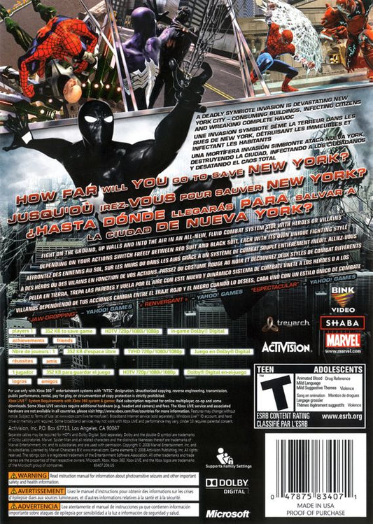 Spider-Man: Web of Shadows | Xbox 360 | back cover | Data by MobyGames.com