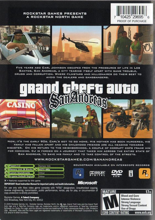 Grand Theft Auto: San Andreas | Xbox | back cover | Data by MobyGames.com
