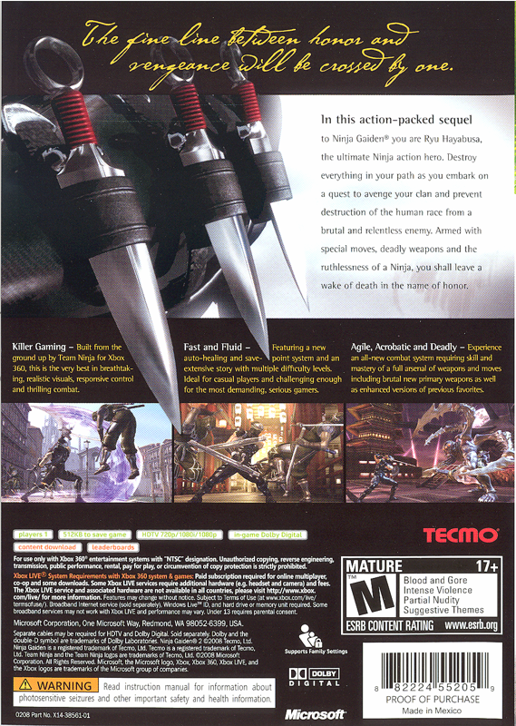 Ninja Gaiden II | Xbox 360 | back cover | region=North America | source-country=United States | zypher-v2 | moby-82e0c5c3755f | Data by MobyGames.com