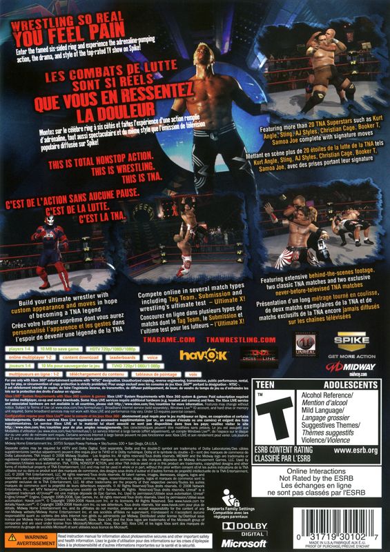 TNA iMPACT! | Xbox 360 | back cover | region=North America | source-country=Canada,United States | zypher-v2 | moby-3e2795402536 | Data by MobyGames.com