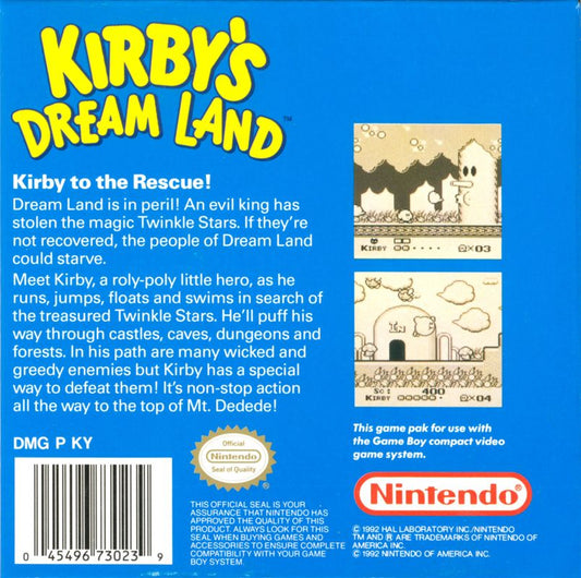 Kirby's Dream Land | Game Boy | back cover | Data by MobyGames.com