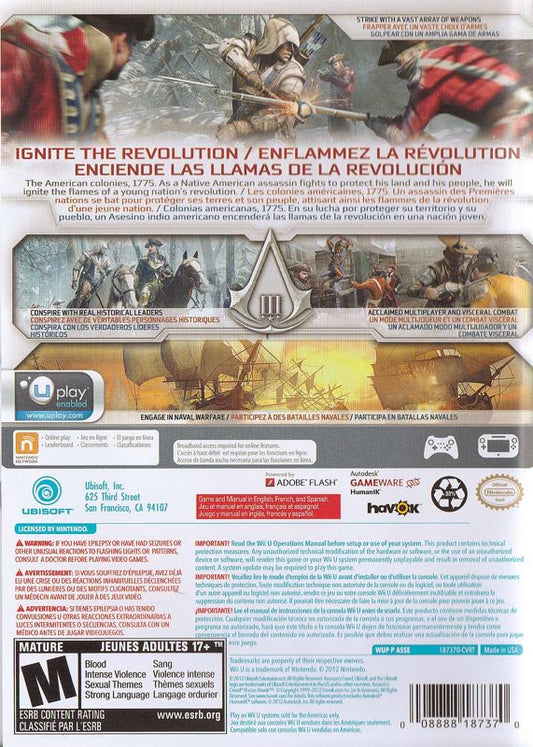 Assassin's Creed III | Wii U | back cover | Data by MobyGames.com
