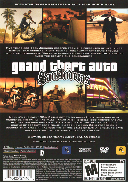 Grand Theft Auto: San Andreas | PlayStation 2 | back cover | Data by MobyGames.com