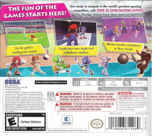 Mario & Sonic at the London 2012 Olympic Games | Nintendo 3DS | back cover | Data by MobyGames.com