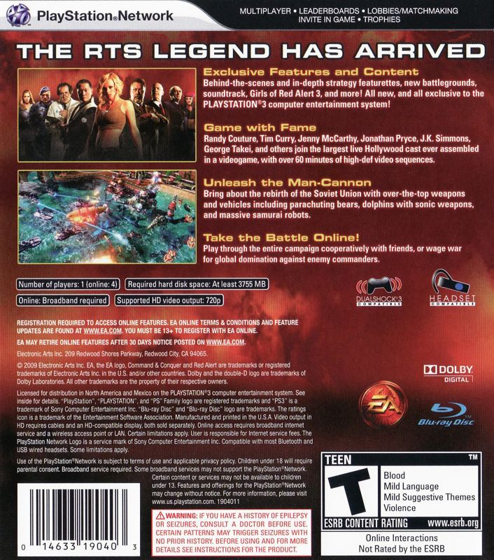 Command & Conquer: Red Alert 3 - Ultimate Edition | PlayStation 3 | back cover | region=North America | source-country=Canada,United States | zypher-v2 | moby-8d9a11a268e8 | Data by MobyGames.com