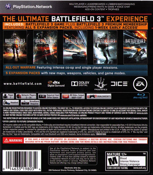 Battlefield 3: Premium Edition | PlayStation 3 | back cover | Data by MobyGames.com