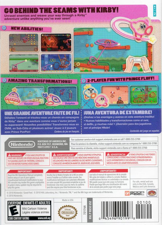 Kirby's Epic Yarn | Wii | back cover | Data by MobyGames.com