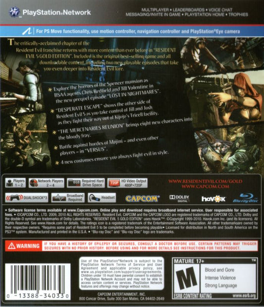 Resident Evil 5: Gold Edition | PlayStation 3 | back cover | Data by MobyGames.com