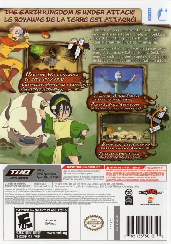 Avatar: The Last Airbender - The Burning Earth | Wii | back cover | region=North America | source-country=Canada,Mexico,United States | zypher-v2 | moby-c591f1d371d4 | Data by MobyGames.com