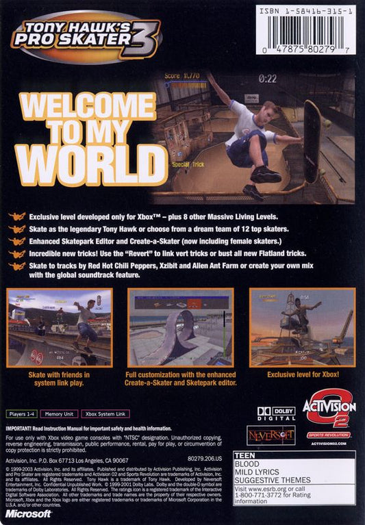 Tony Hawk's Pro Skater 3 | Xbox | back cover | Data by MobyGames.com