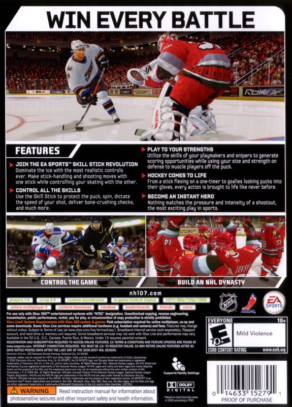 NHL 07 | Xbox 360 | back cover | region=North America | source-country=Canada,Mexico,United States | zypher-v2 | moby-8fa239b7940a | Data by MobyGames.com