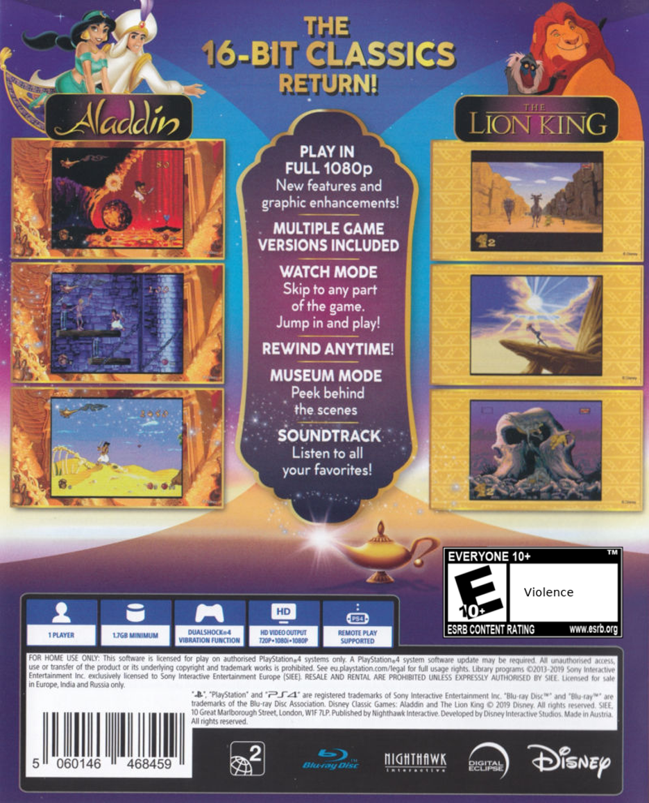 Disney Classic Games: Aladdin and The Lion King | PlayStation 4 | back cover 1 | Region: North America | Source: LaunchBox