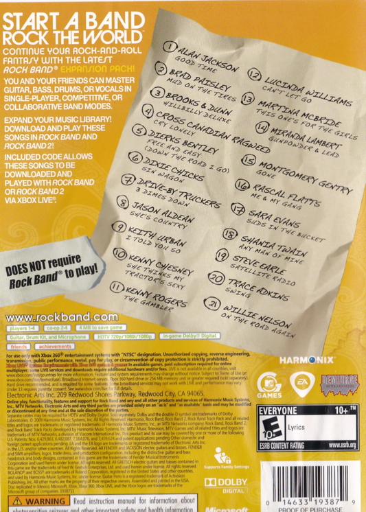 Rock Band: Country Track Pack | Xbox 360 | back cover 1