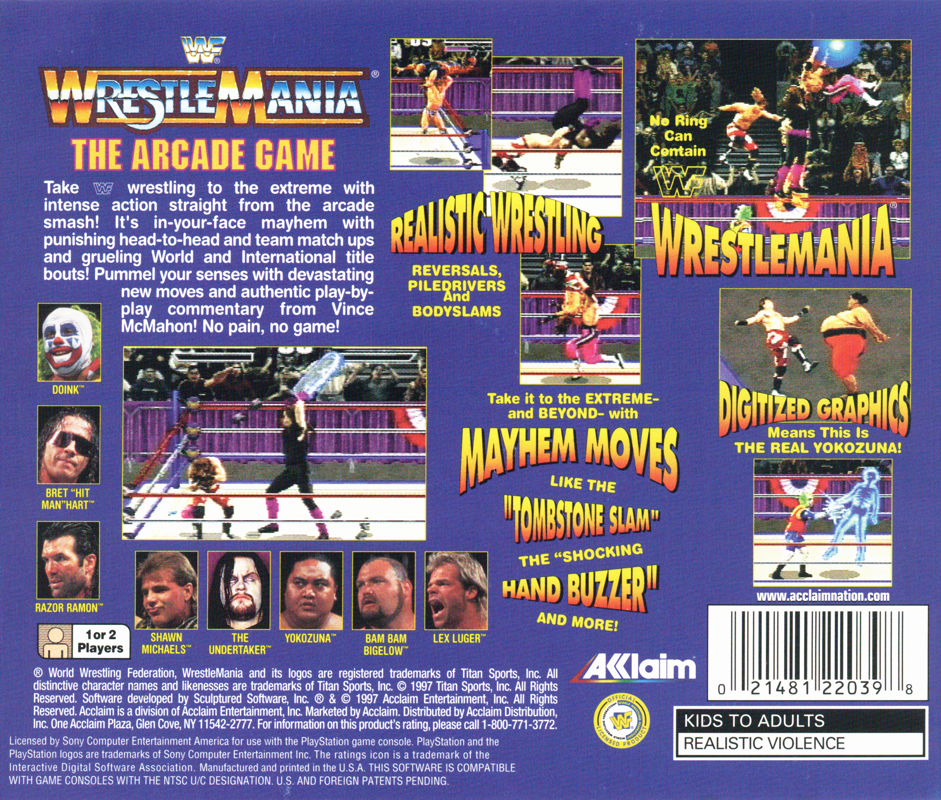 WWF WrestleMania: The Arcade Game | PlayStation | back cover 1 | Region: North America | Source: LaunchBox