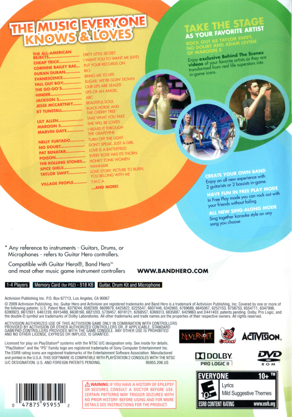 Band Hero | PlayStation 2 | back cover 1 | Region: North America | Source: LaunchBox