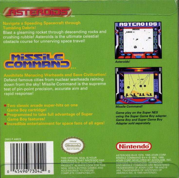 Arcade Classic 1: Asteroids / Missile Command | Game Boy | back cover 1