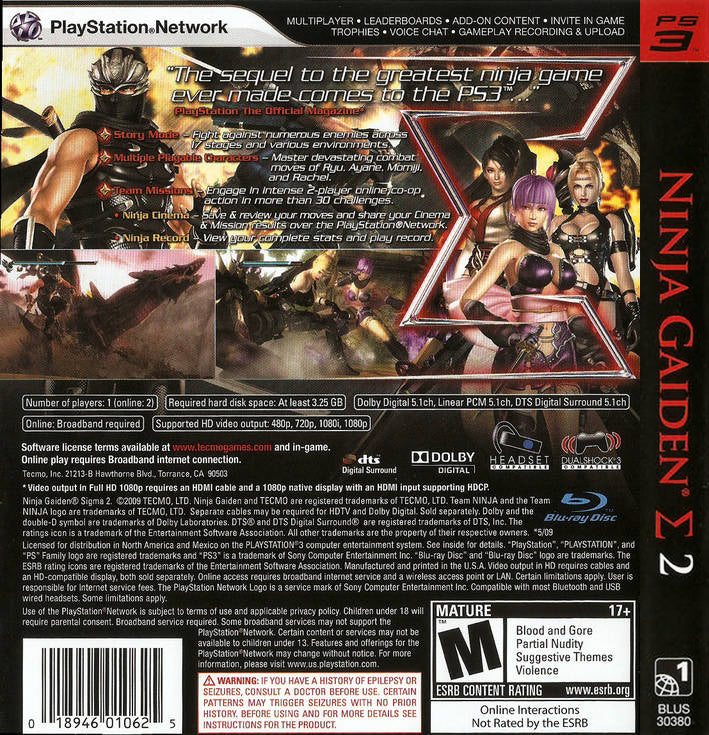 Ninja Gaiden Sigma 2 | PlayStation 3 | back cover 1 | Region: North America | Source: LaunchBox