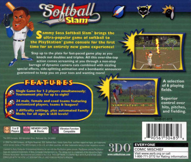 Sammy Sosa Softball Slam | PlayStation | back cover 1 | Region: North America | Source: LaunchBox