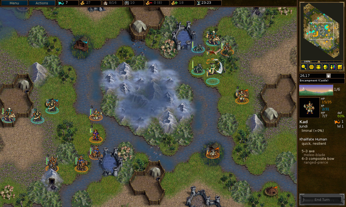 Archival Battle for Wesnoth 1.12.0 gameplay with units, villages, rivers, and mountains on a hex battlefield
