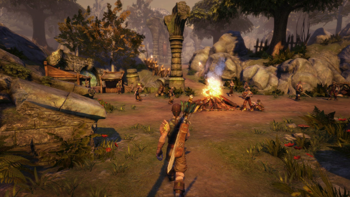 Fable Anniversary gameplay: the Hero approaching a campfire among bandits and ruined stone columns in Albion