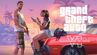 Jason and Lucia beside a car at sunset in official Grand Theft Auto VI partner artwork