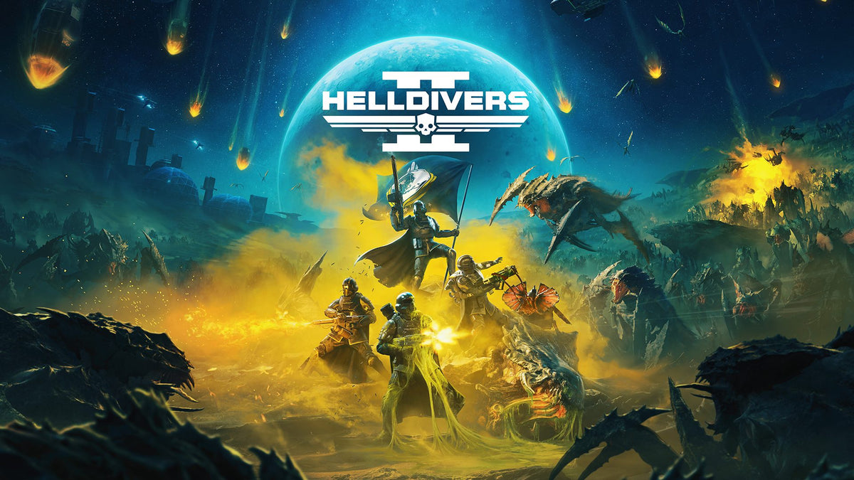 Helldivers 2 base-game promotional artwork showing a squad facing alien creatures
