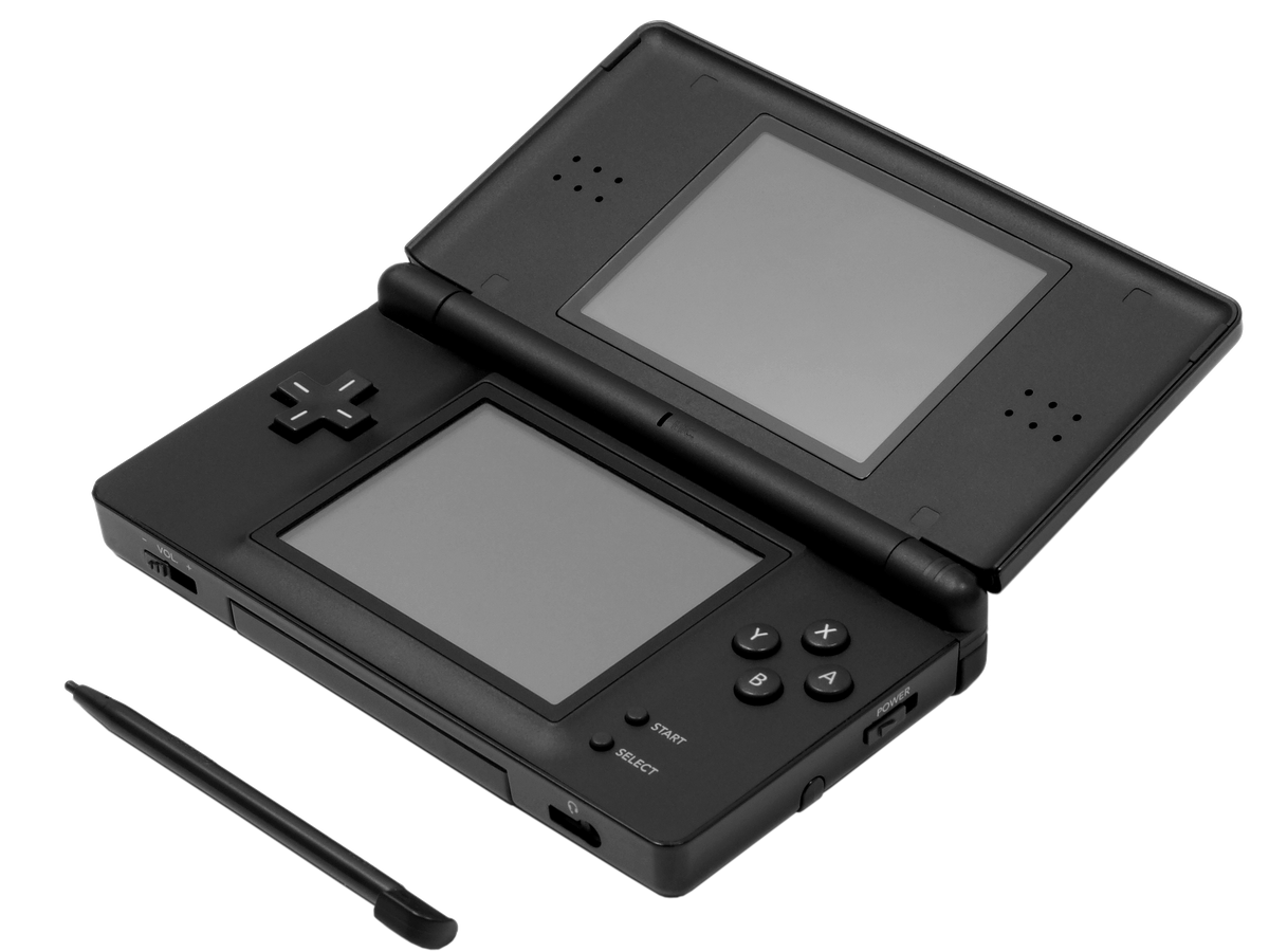 Black Nintendo DS Lite shown open with a separate stylus