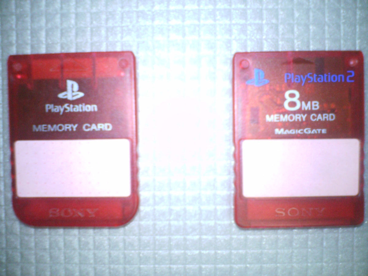 Original PlayStation memory card beside a PlayStation 2 memory card