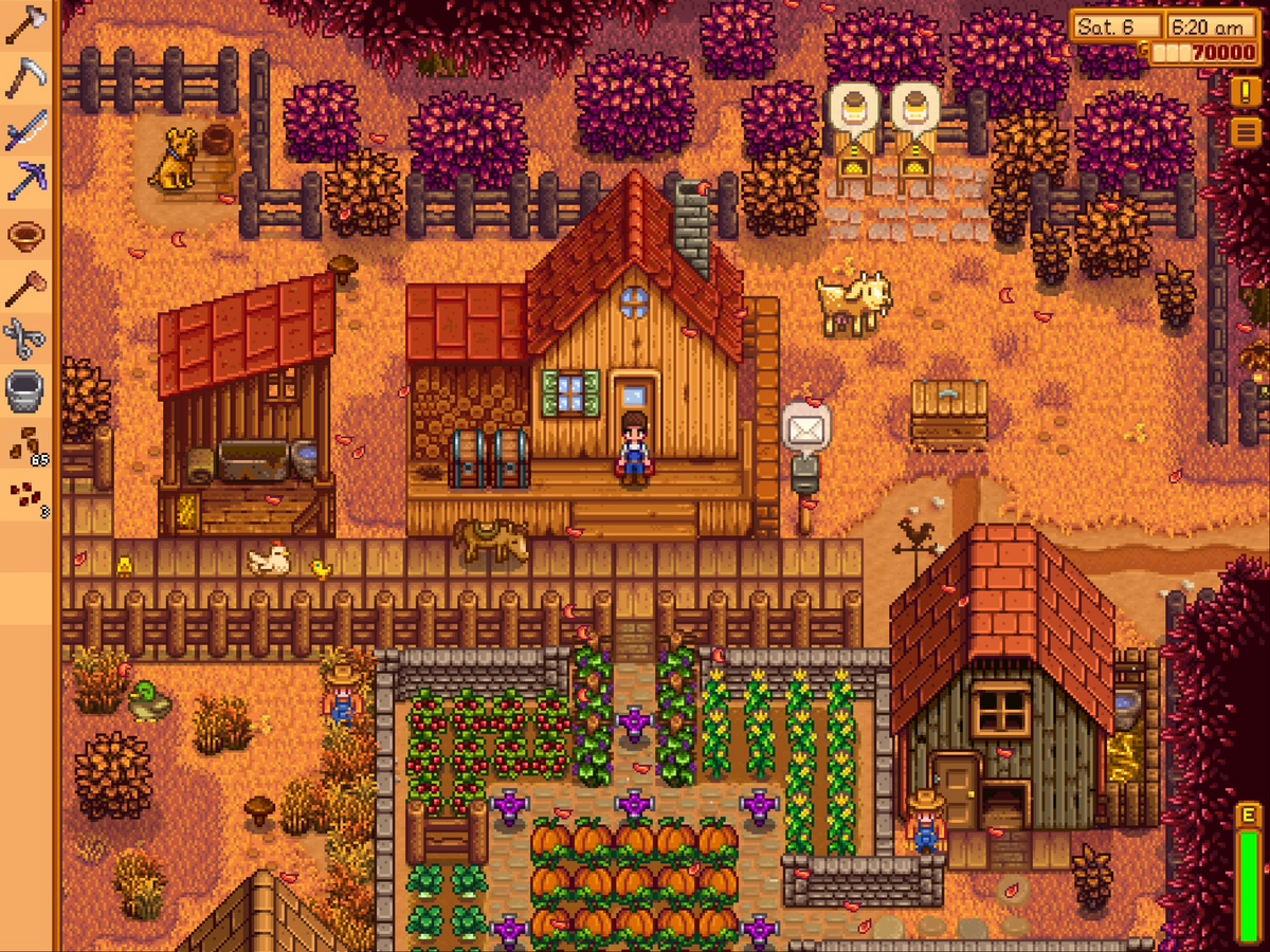 An autumn farm with a farmer, animals, crops and fruit trees in an official Stardew Valley iPad screenshot