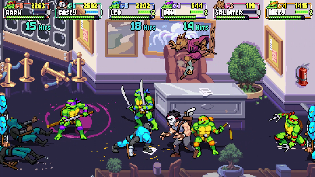 Casey Jones, Splinter and four Turtles fight Foot Soldiers together in Shredder's Revenge